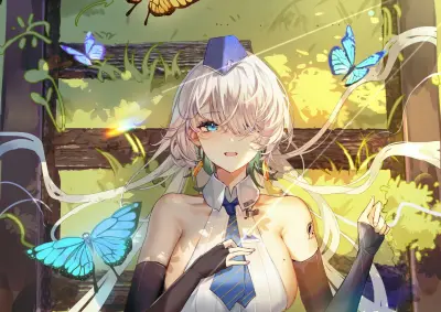 蝶舞花间少女 动漫风格 梦幻场景 蓝色蝴蝶 2K