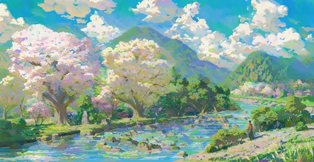 春日溪畔 山水画 樱花盛开 溪流 8K