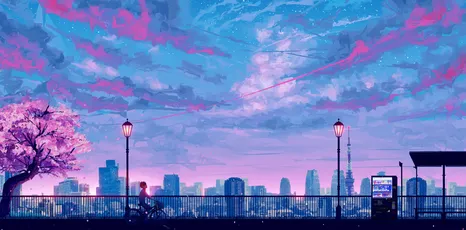樱花夜景都市 城市夜景 樱花树 动漫风格 4K