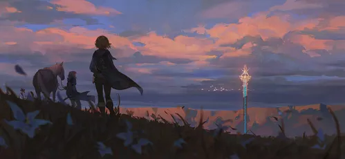 暮色中的旅人 黄昏 动画风格 紫色调 1080P