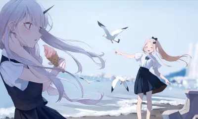 海边少女与海鸥 动漫风格 海滩 青春 1080P
