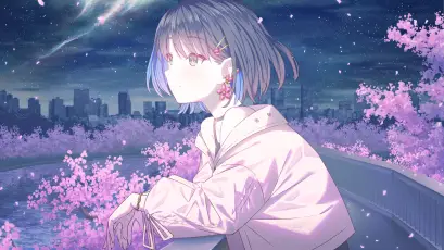 星夜下的樱花少女 动漫风格 夜景 樱花 1080P