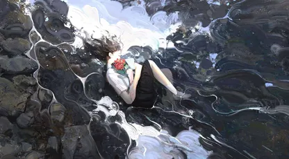 水中沉睡的女子 水景 油画风格 深蓝与白色 4K