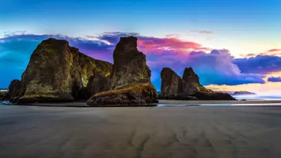 海滩日落岩群 海滩 日落 岩石 4K