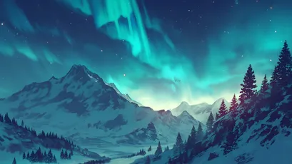 北极光下的雪景 冬季 自然景观 极光 4K