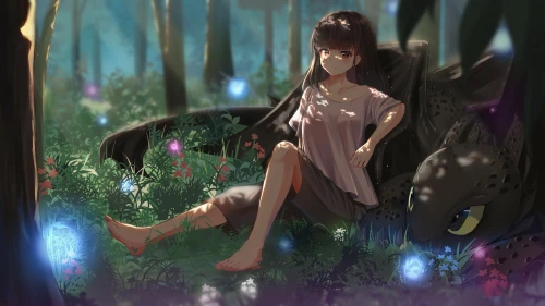 少女与夜煞的森林休憩 动漫风格 奇幻森林 人与龙 4K