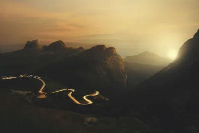山间夕照蜿蜒路 山景 日落 蜿蜒公路 4K