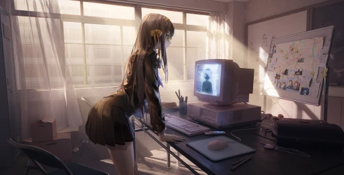 阳光下的少女与电脑 动漫风格 室内场景 逆光 4K