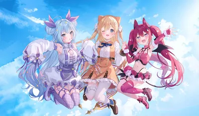 三位少女飞翔 动漫 少女 天空 4K