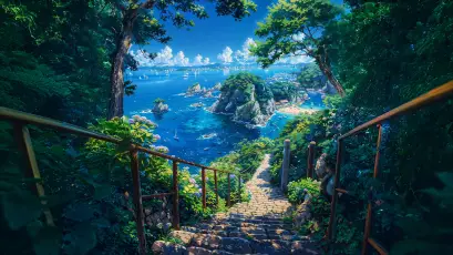 通往碧海的林间石阶 风景 海边 石阶 4K
