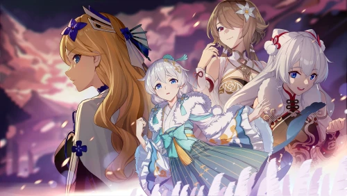 四位少女的黄昏合影 动漫风格 黄昏场景 粉色紫色调 1080P
