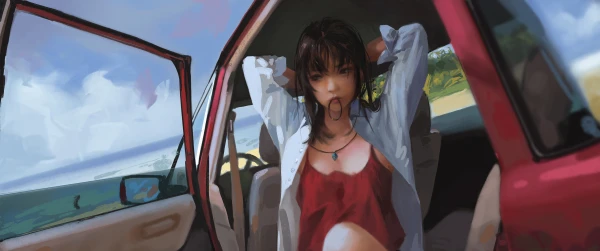 车中少女休憩 车内场景 动漫风格 红色与蓝色 2K