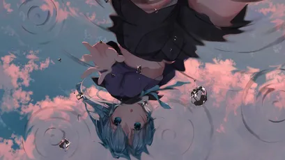 水中倒影 动漫风格 天空倒影 蓝色头发 1080P