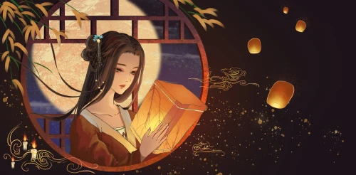 古风少女与孔明灯 古风插画 古典美女 孔明灯 4K
