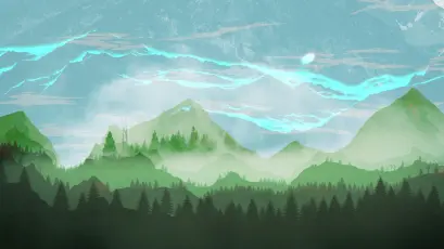 青色闪电下的山脉 风景画 山脉 森林 2K