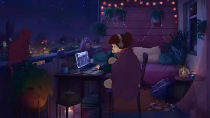 夜幕下的阳台工作 夜晚 阳台 插画风格 1080P