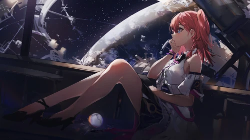 太空站内的粉色头发女 太空站 科幻 粉色头发 4K