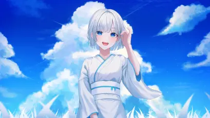银发少女蓝天草野 动漫风格 蓝天白云 白色和服 4K