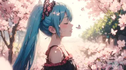 樱花树下少女侧影 动漫风格 樱花盛开 少女侧脸 4K