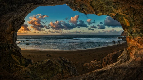 洞穴中的海边日落 海景 日落 洞穴 4K