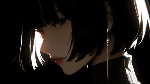 暗光下的少女侧颜 动漫风格 暗色调 光影效果 4K