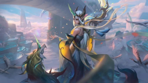 云端仙子与灵兽 奇幻场景 神话主题 梦幻风格 8K
