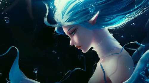 蓝发精灵少女 奇幻 水下 蓝色 1080P
