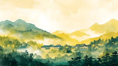 山间晨雾 山水画 水墨风格 晨雾缭绕 4K