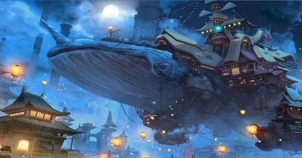 梦幻空中城市 奇幻场景 蒸汽朋克 蓝色调 8K