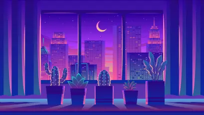 紫色都市夜景窗景 城市夜景 室内植物 赛博朋克风格 4K