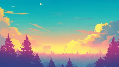 梦幻森林日落 自然景观 插画风格 色彩丰富 4K
