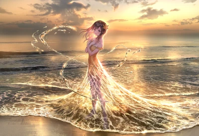 海畔少女光影舞 海边日落 幻想风格 金色光辉 1080P
