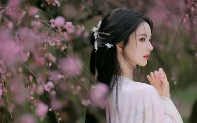 花间古典美人 古风 粉色花朵 自然风光 4K