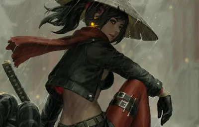 雨中侠女 动漫风格 武侠 红色 2K