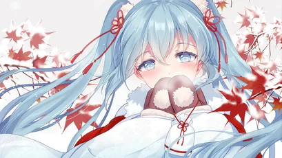 秋日蓝发少女 动漫 秋景 蓝色长发 1080P