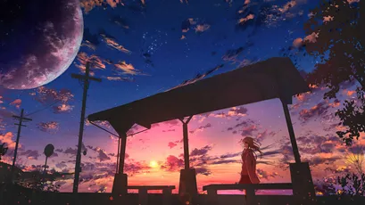 月下亭影 黄昏 动漫风格 紫色月亮 4K