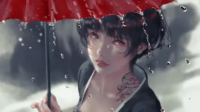 雨中和风美人 和风 雨景 红色 4K