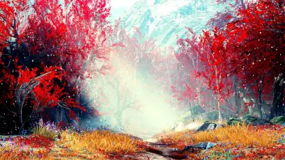 秋日红林雾景 森林 秋天 红色 1080P