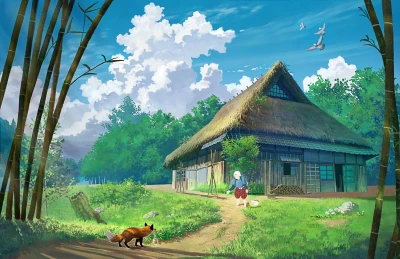 竹林小屋田园风光 乡村 日式风格 绿色为主 2K