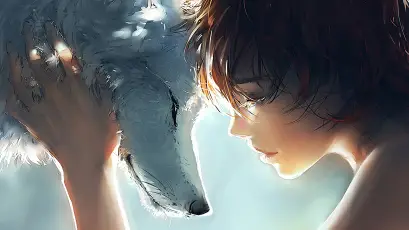 少女与狼的温情对视 少女 白狼 动漫风格 1080P