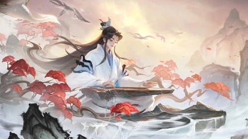 红衣仙子抚琴 古风插画 仙侠 中国风 4K
