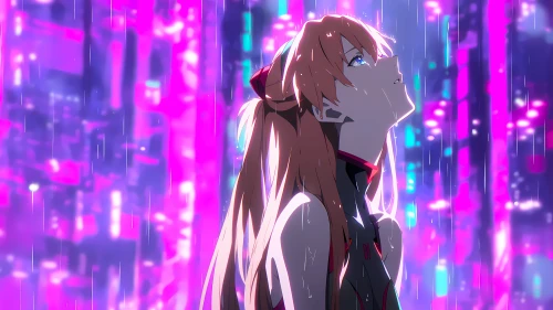 雨夜中的仰望少女 动漫 赛博朋克 雨天 4K
