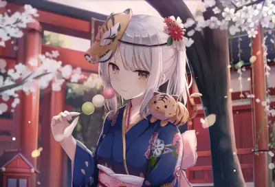樱花下和服少女 动漫风格 樱花盛开 和服少女 1080P