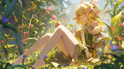 花丛中的精灵 自然场景 幻想风格 温暖色调 4K