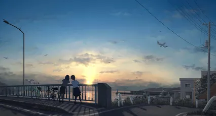 夕阳下的桥 日落 动漫风格 蓝色调 4K