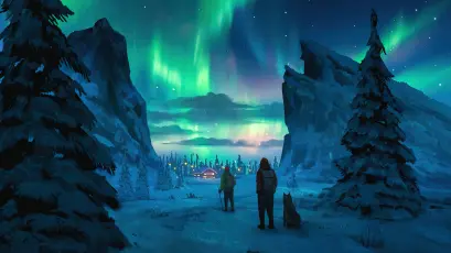 极光下的雪夜风景 极光 雪景 夜晚 4K