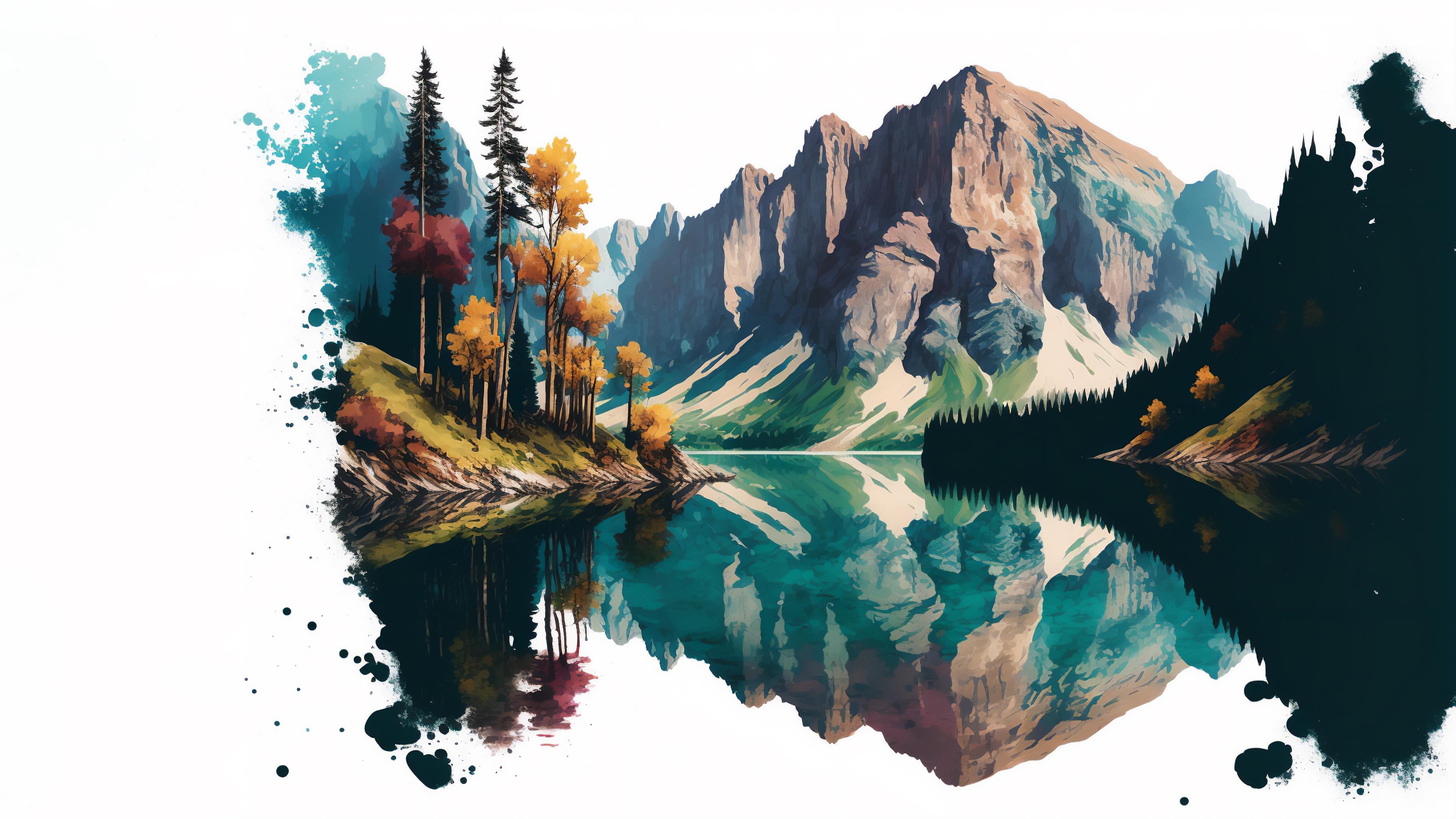 秋山湖影 山水画 秋季 湖泊 2K