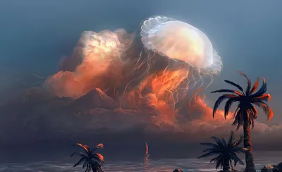 梦幻水母岛 幻想艺术 水母 棕榈树 4K