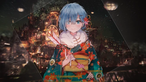 夜景中的和服少女 夜晚 和服 动漫风格 4K