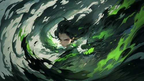 漩涡中的少年与龙 漩涡 动漫风格 绿色 4K